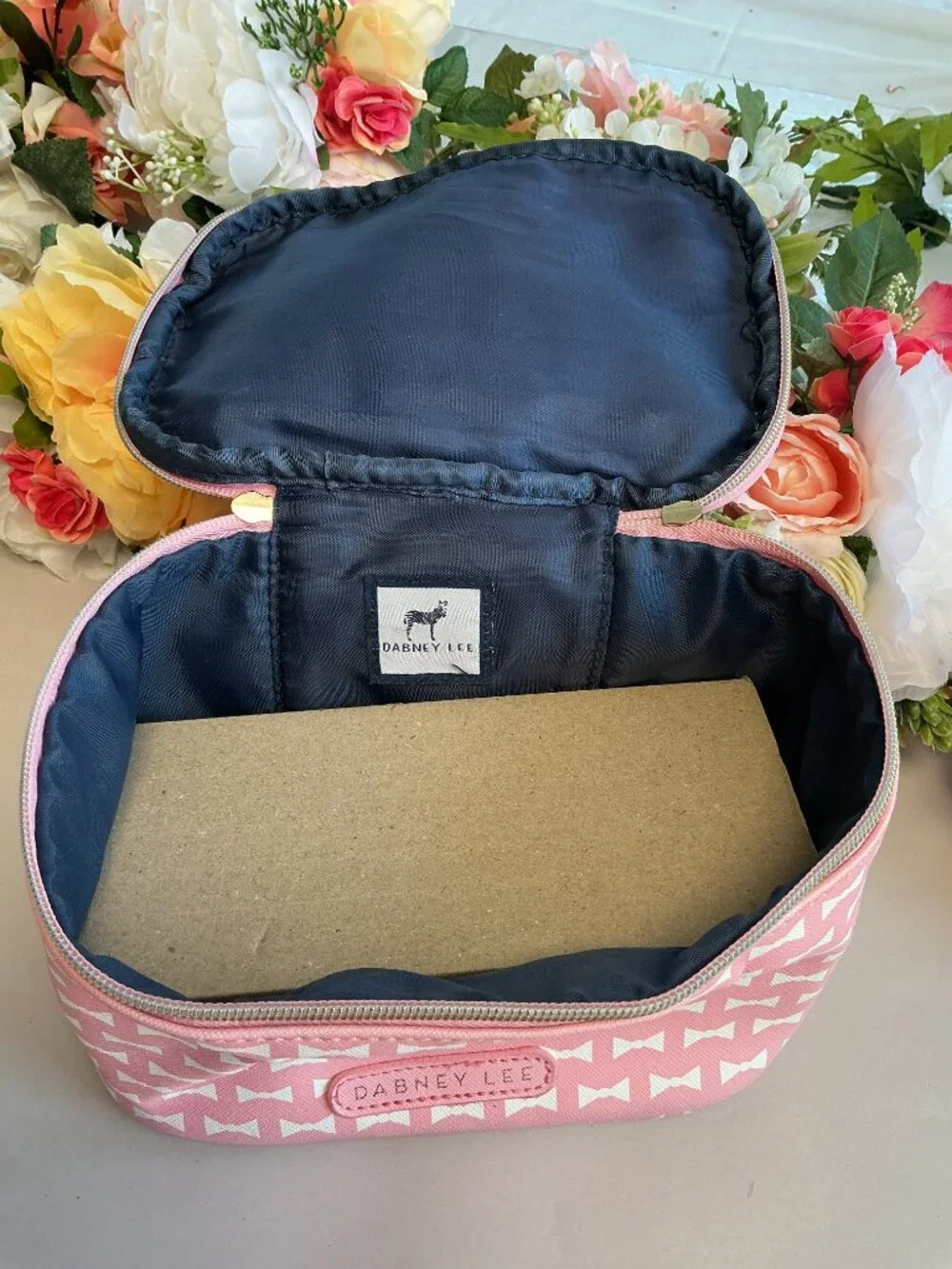 Dabney Lee Pink White Bow Train Case Cosmetic Makeup Travel Bag